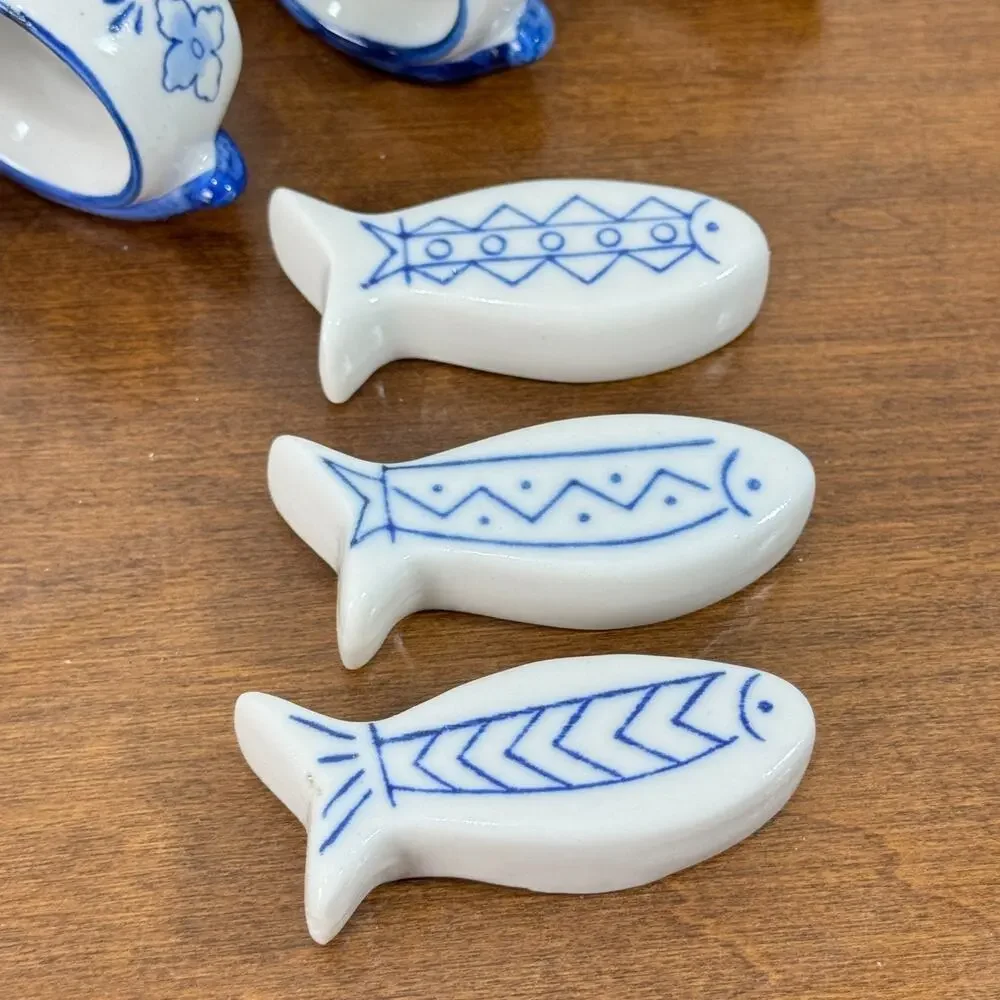Snail Napkin Rings and Fish Knife Rests Set of 6 each Blue White New in Box
